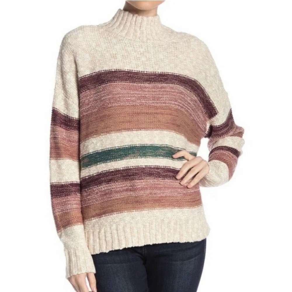 Melrose & Market Women Oversized Knit Turtleneck Striped Beige Sweater X Small